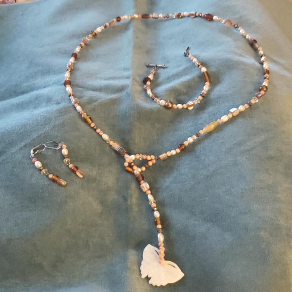 HAND CRAFTED Butterfly Lariat Set Necklace Bracelet Earrings